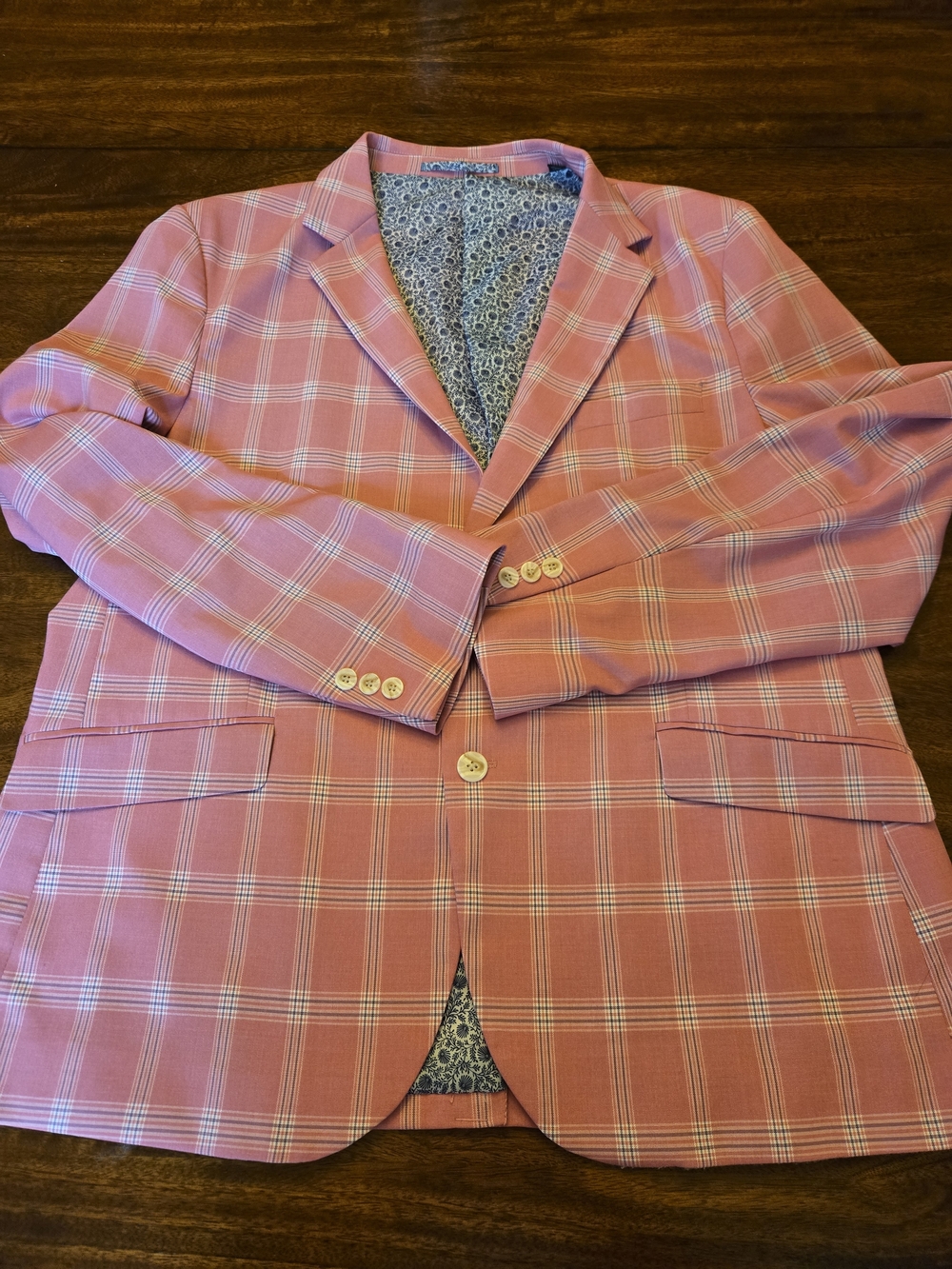 TAILORBYRD Men's Pink & Blue Linen Blend Preppy Plaid Sport Coat | 46R